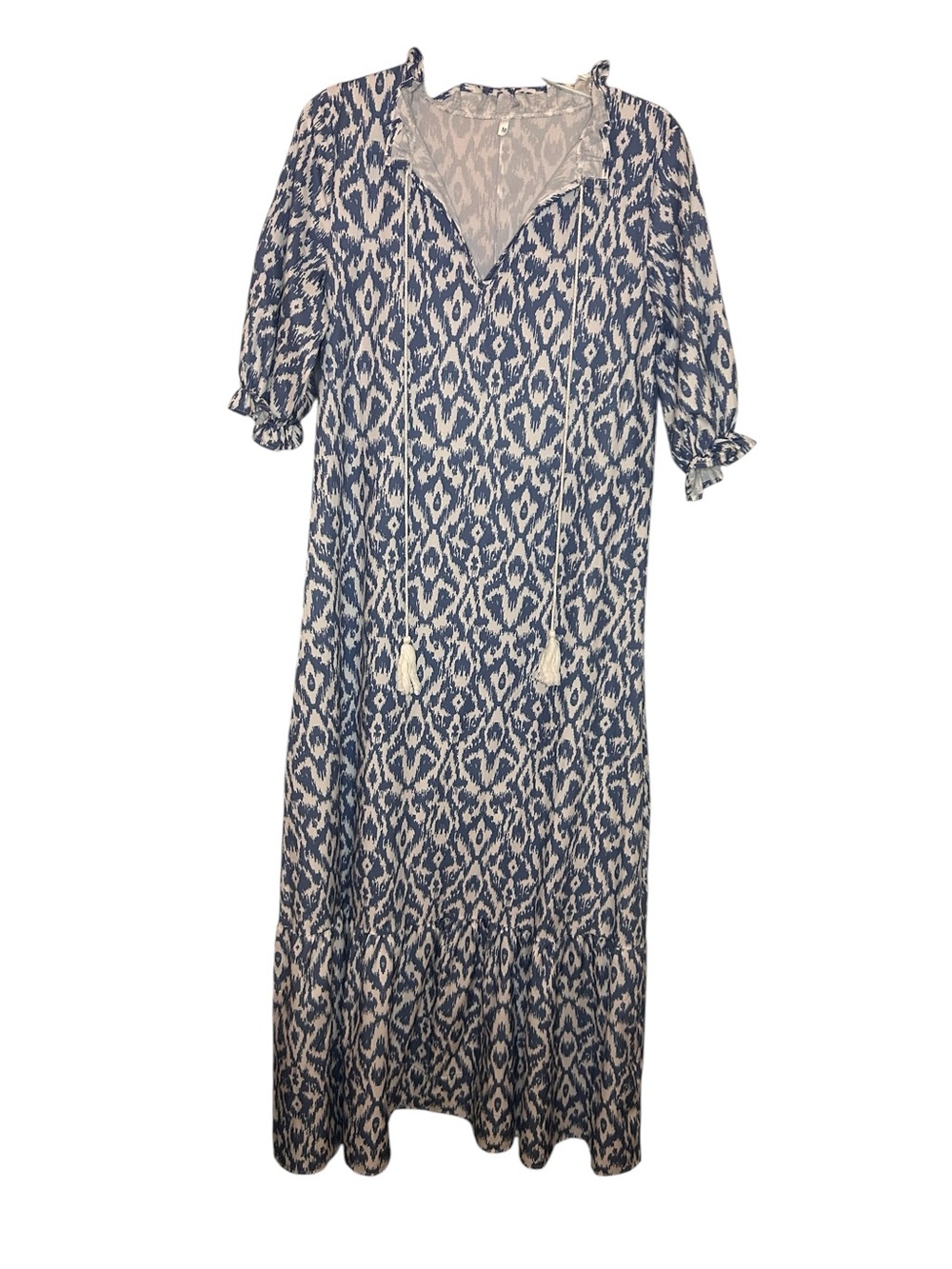 Blue and White Ikat Midi Dress with Tassel Tie